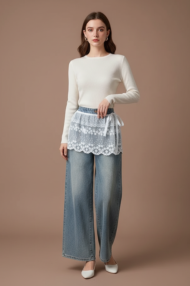 Pantalon Jupe Jean Bleu Dentelle Blanc Ample
