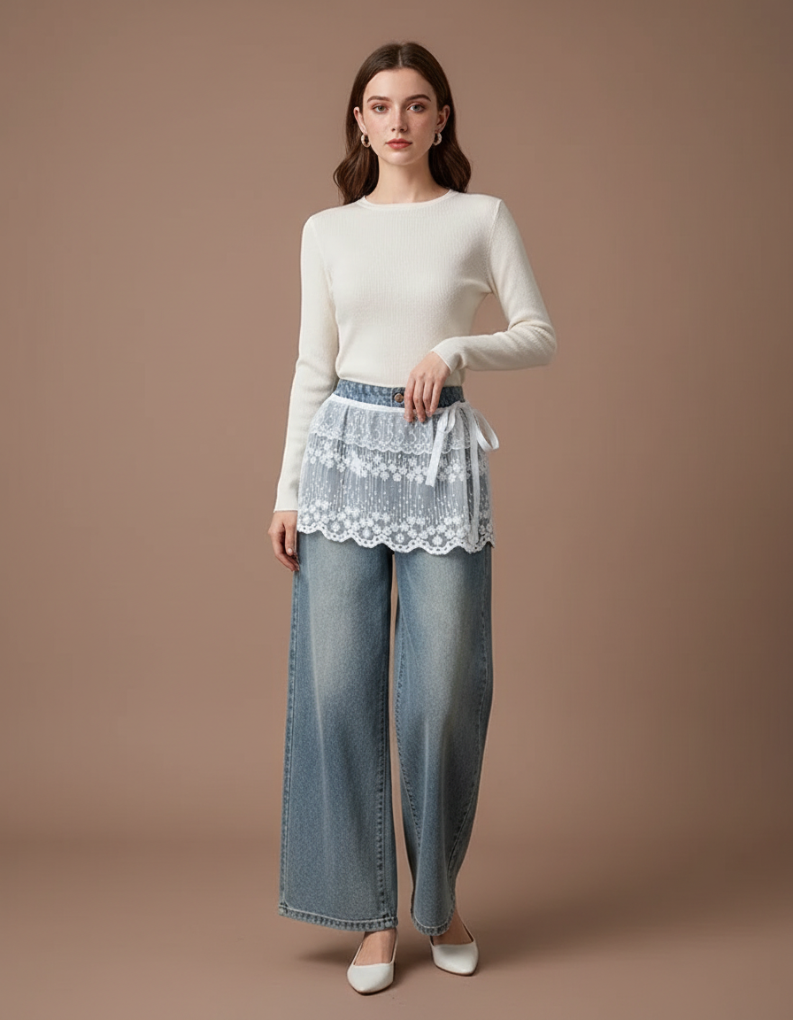Pantalon Jupe Jean Bleu Dentelle Blanc Ample