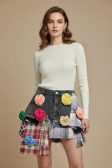 Pantalon Jupe Denim Plaid Déstructuré Fleurs Mini Femme - Multicolore Jean