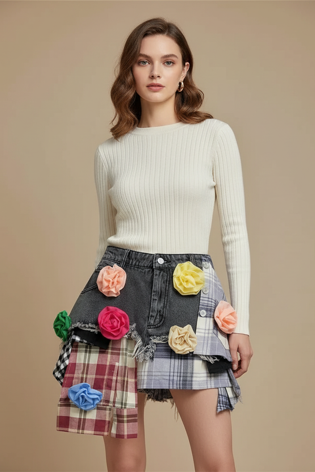 Pantalon Jupe Denim Plaid Déstructuré Fleurs Mini Femme - Multicolore Jean