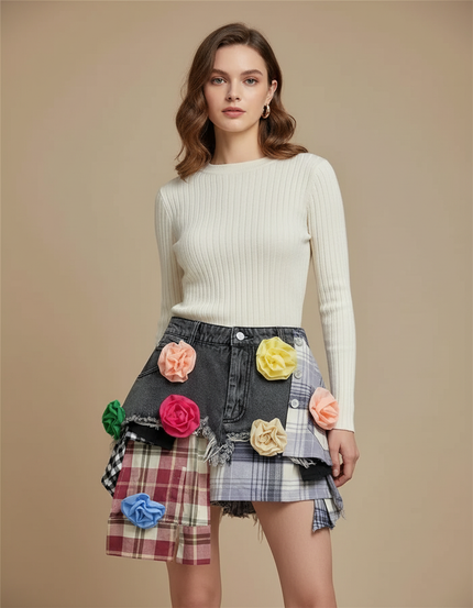 Pantalon Jupe Denim Plaid Déstructuré Fleurs Mini Femme - Multicolore Jean