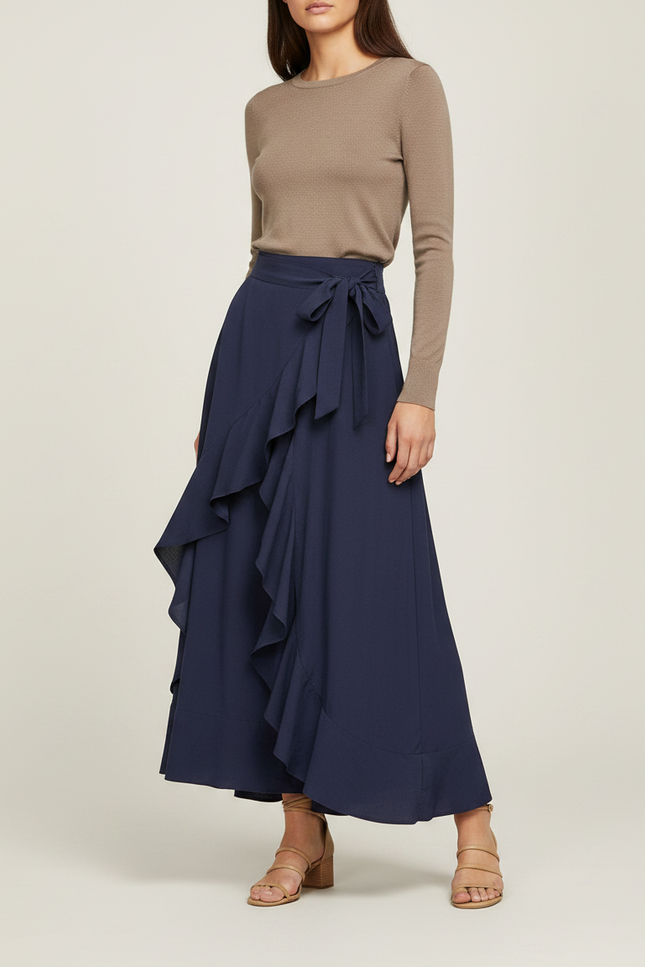 Pantalon Jupe Bleu Marine Fluide Volants Élégant Longue - Viscose