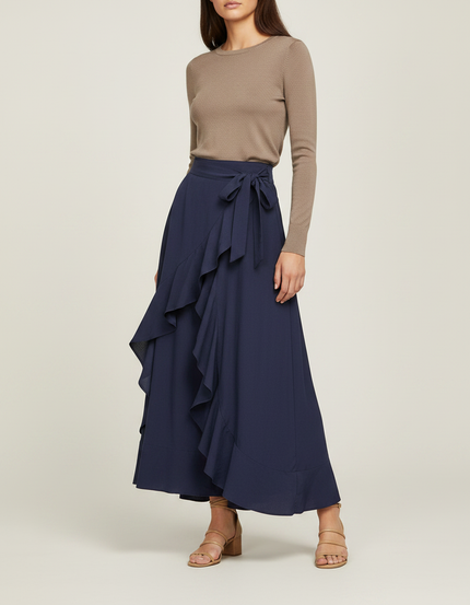 Pantalon Jupe Bleu Marine Fluide Volants Élégant Longue - Viscose