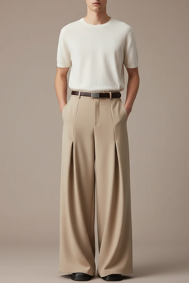 Pantalon Jupe Beige Plissé Ample Décontracté - Gabardine