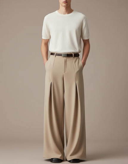 Pantalon Jupe Beige Plissé Ample Décontracté - Gabardine