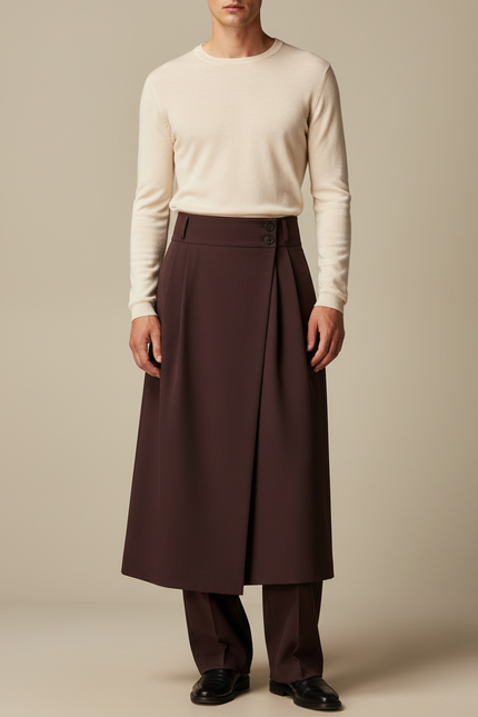 Pantalon Jupe Marron Plissé Superposé Élégant Fluide - Polyester
