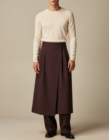 Pantalon Jupe Marron Plissé Superposé Élégant Fluide - Polyester