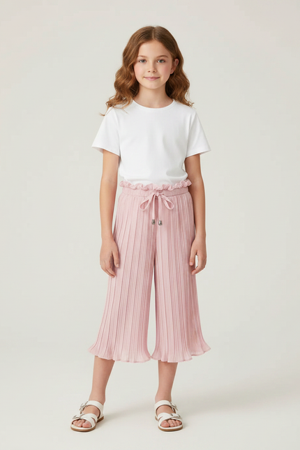 Pantalon Jupe Plissé Rose Ample Fille Décontracté - Polyester