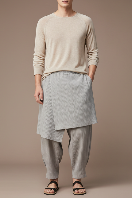 Pantalon Jupe Gris Plissé Drapé Ample Homme - Maille