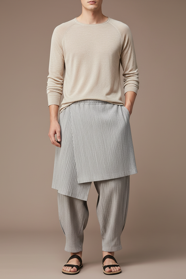 Pantalon Jupe Gris Plissé Drapé Ample Homme - Maille