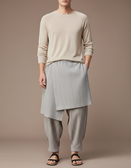 Pantalon Jupe Gris Plissé Drapé Ample Homme - Maille
