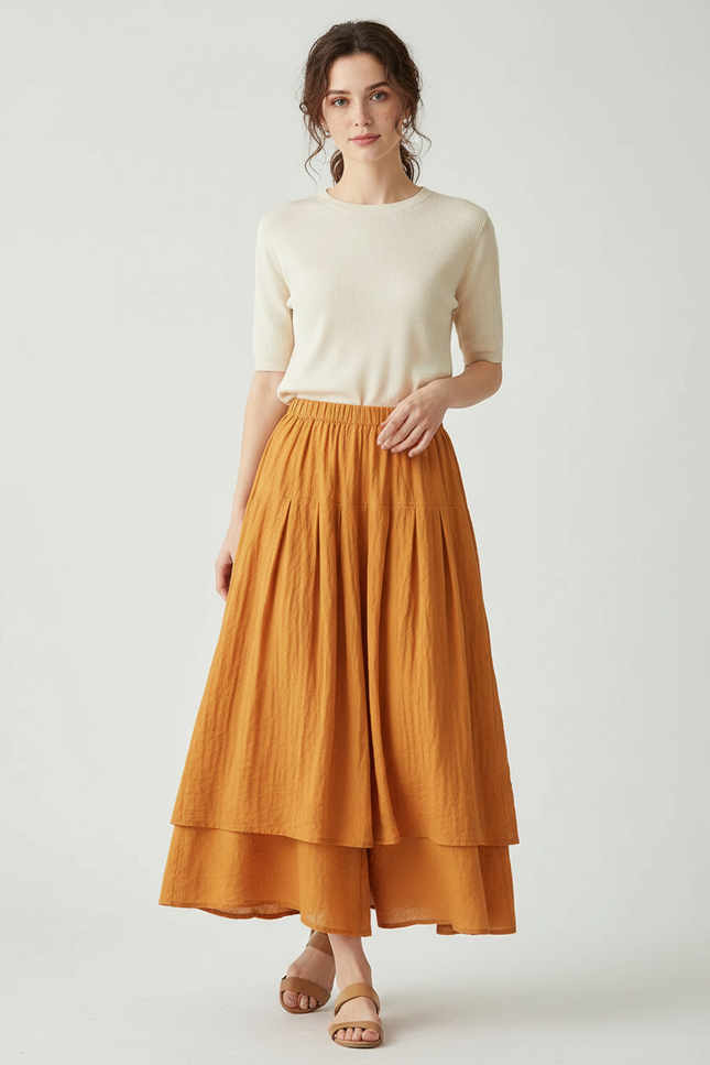 Pantalon Jupe Orange Lin Ample Superposé Plissé Femme