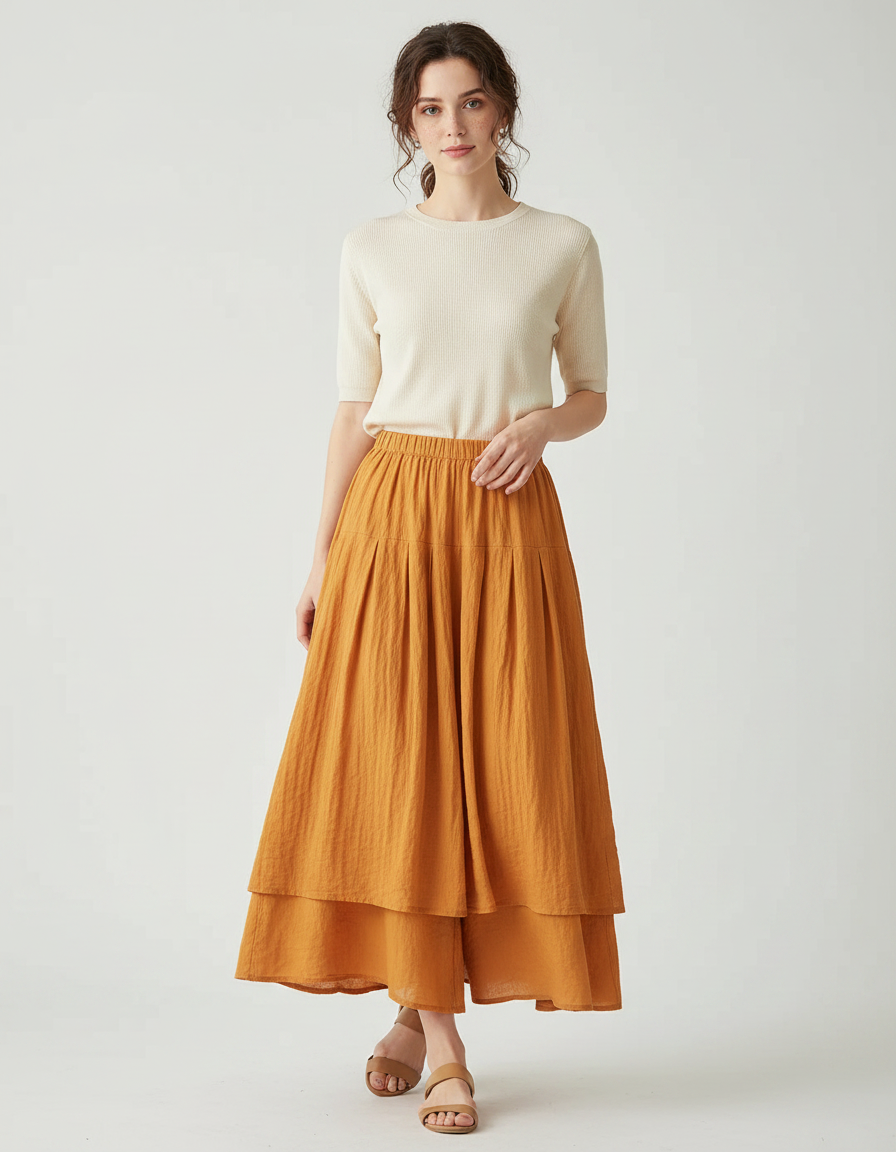 Pantalon Jupe Orange Lin Ample Superposé Plissé Femme