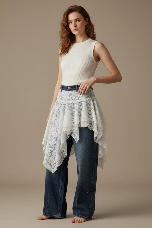 Pantalon Jupe Jean Dentelle Asymétrique Superposée Vintage - Marine