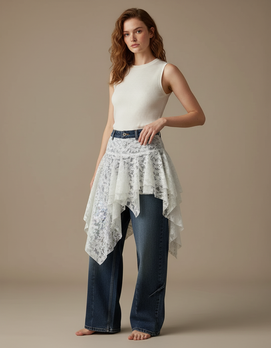 Pantalon Jupe Jean Dentelle Asymétrique Superposée Vintage - Marine