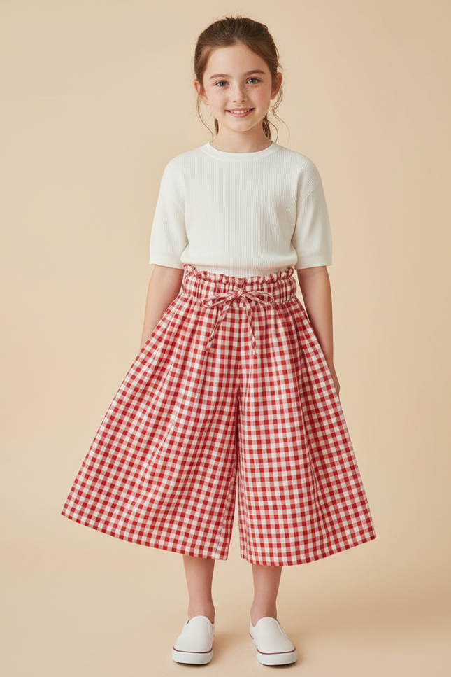 Pantalon Jupe Carreaux Rouge Ample Coton Fille