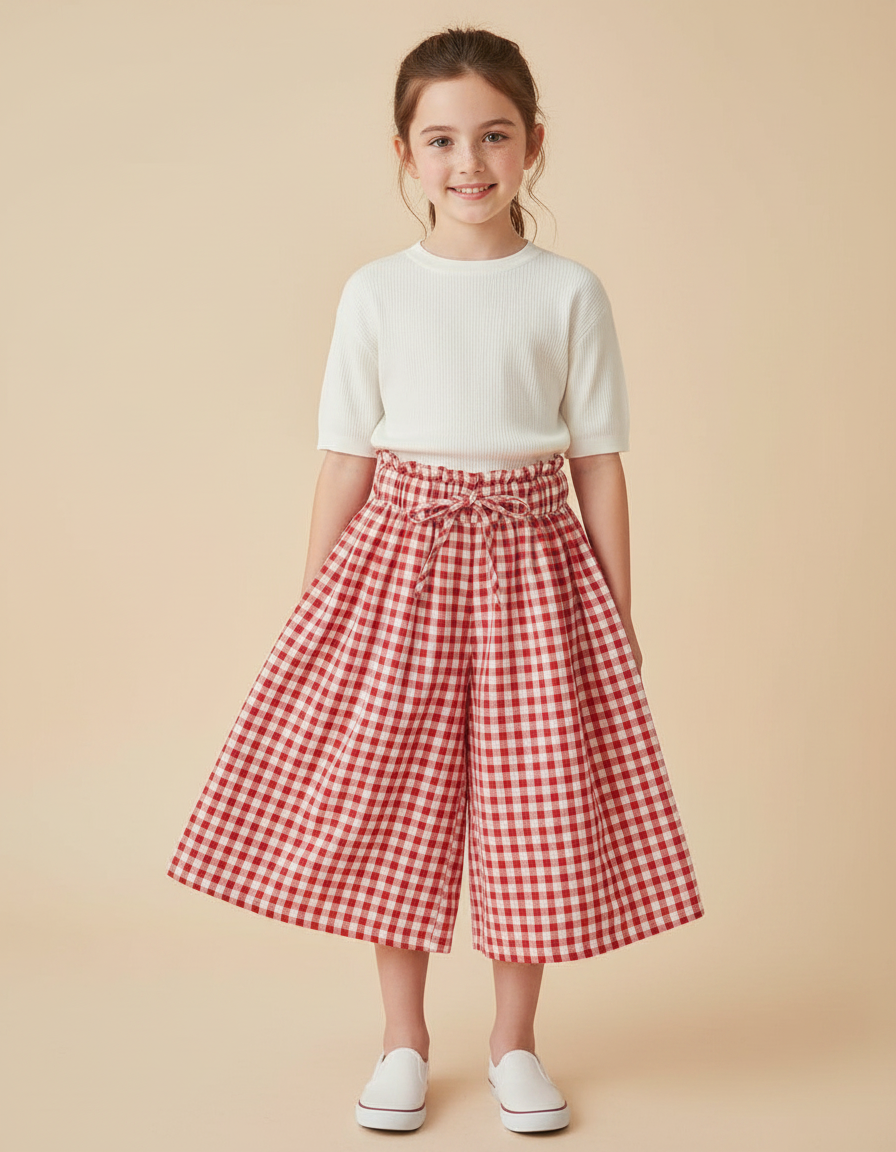 Pantalon Jupe Carreaux Rouge Ample Coton Fille