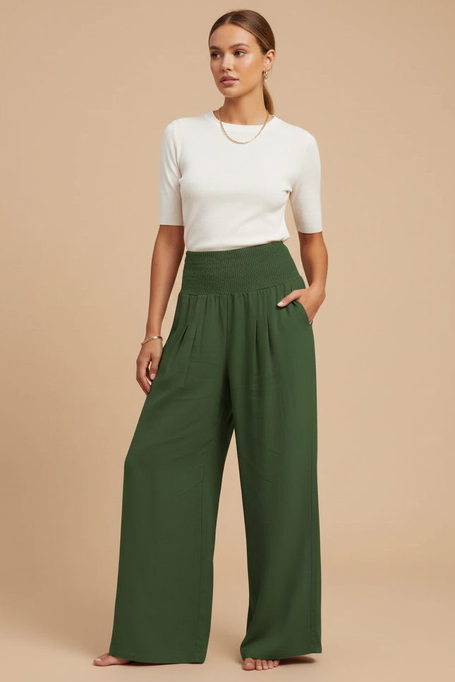 Pantalon Jupe Vert Ample Fluide Décontracté Taille Haute - Viscose