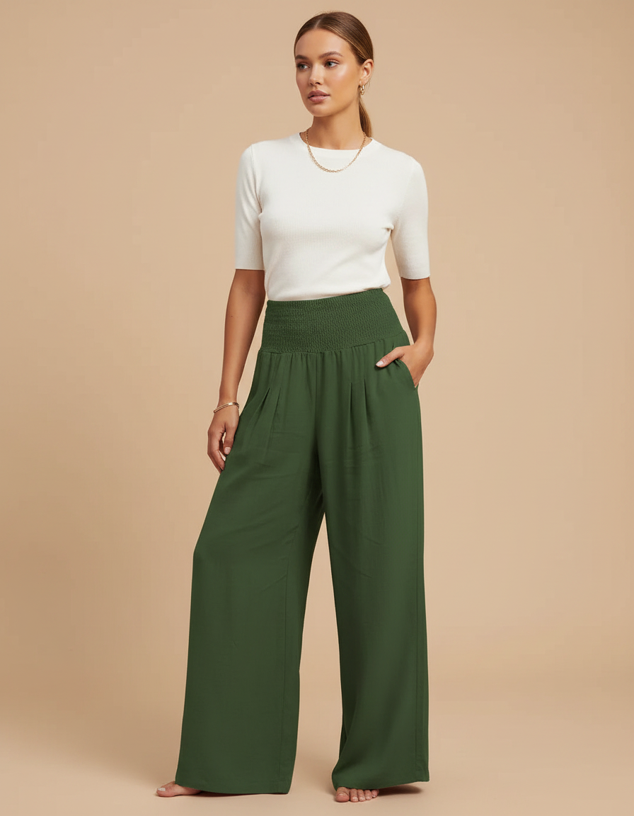 Pantalon Jupe Vert Ample Fluide Décontracté Taille Haute - Viscose