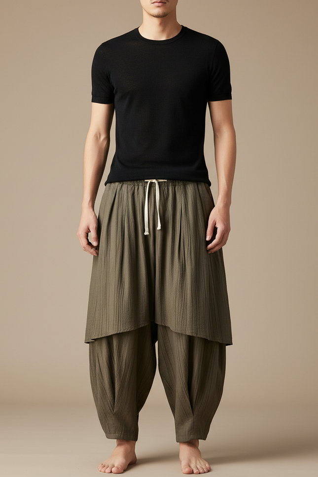 Pantalon Jupe Ample Vert Plissé Coton Homme - Kaki