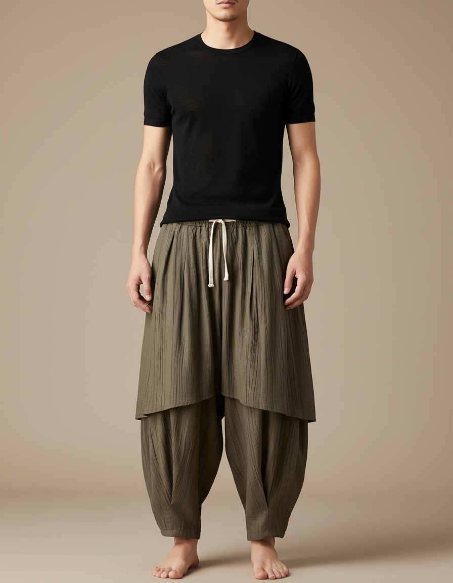 Pantalon Jupe Ample Vert Plissé Coton Homme - Kaki
