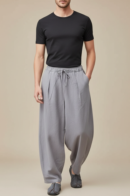 Pantalon Jupe Gris Lin Ample Décontracté Homme