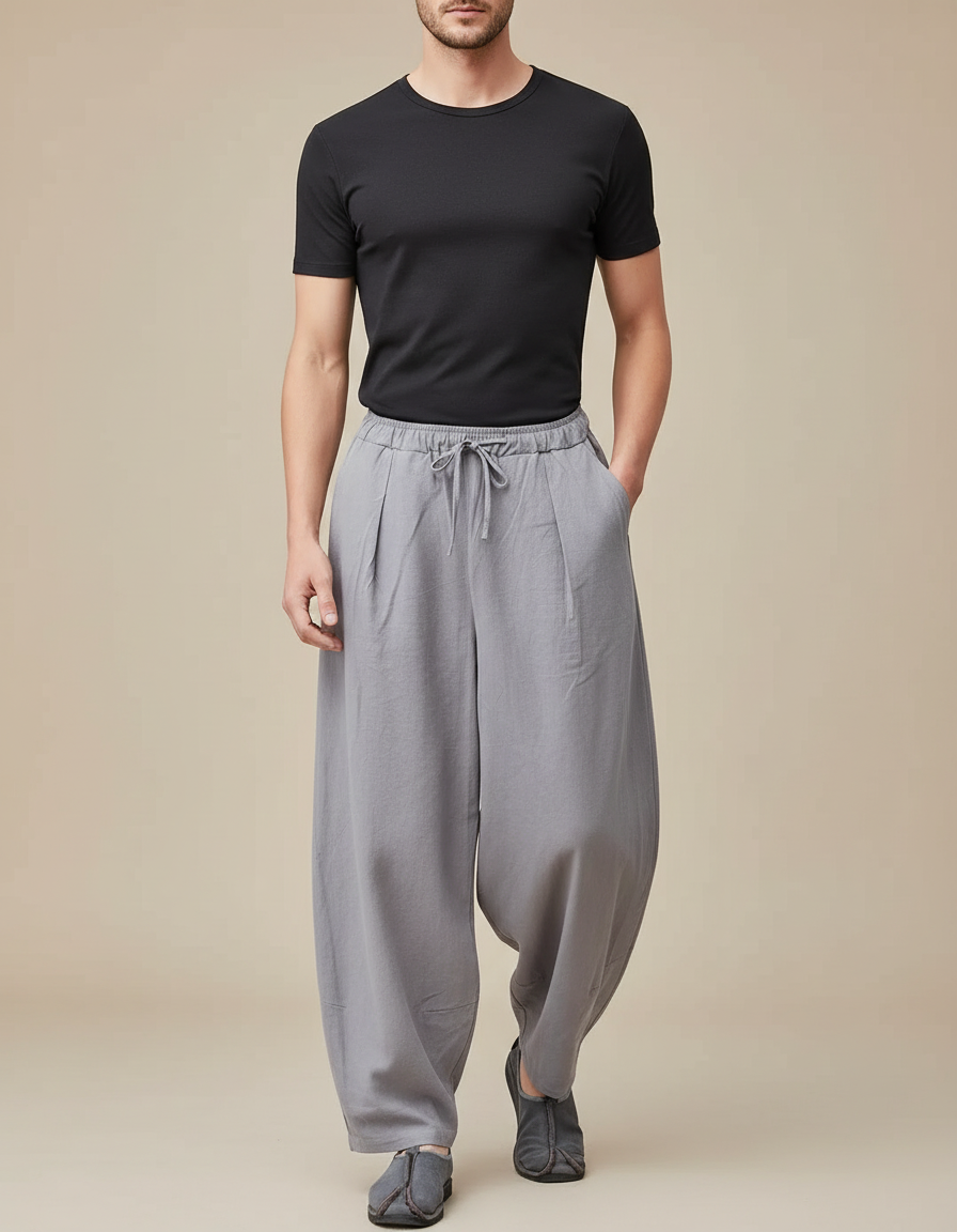 Pantalon Jupe Gris Lin Ample Décontracté Homme