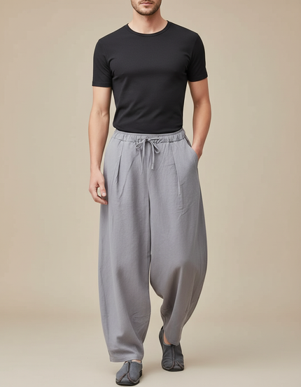Pantalon Jupe Gris Lin Ample Décontracté Homme