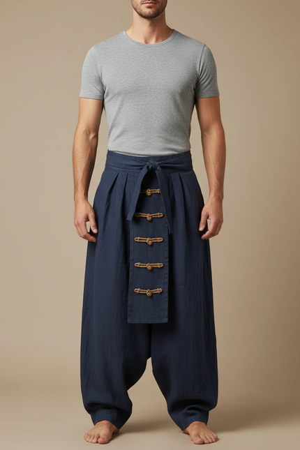 Pantalon Jupe Homme Bleu Marine Ample Lin Plissé
