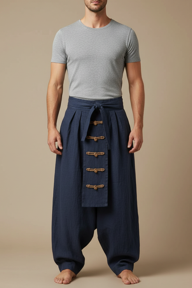 Pantalon Jupe Homme Bleu Marine Ample Lin Plissé