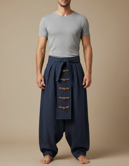 Pantalon Jupe Homme Bleu Marine Ample Lin Plissé
