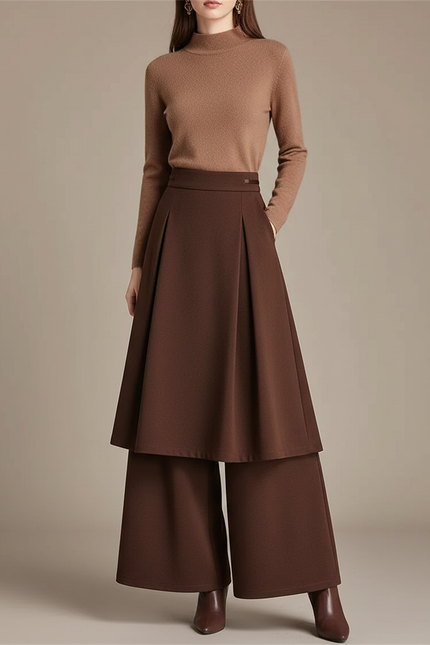 Pantalon Jupe Marron Plissé Ample Superposé Élégant - Gabardine