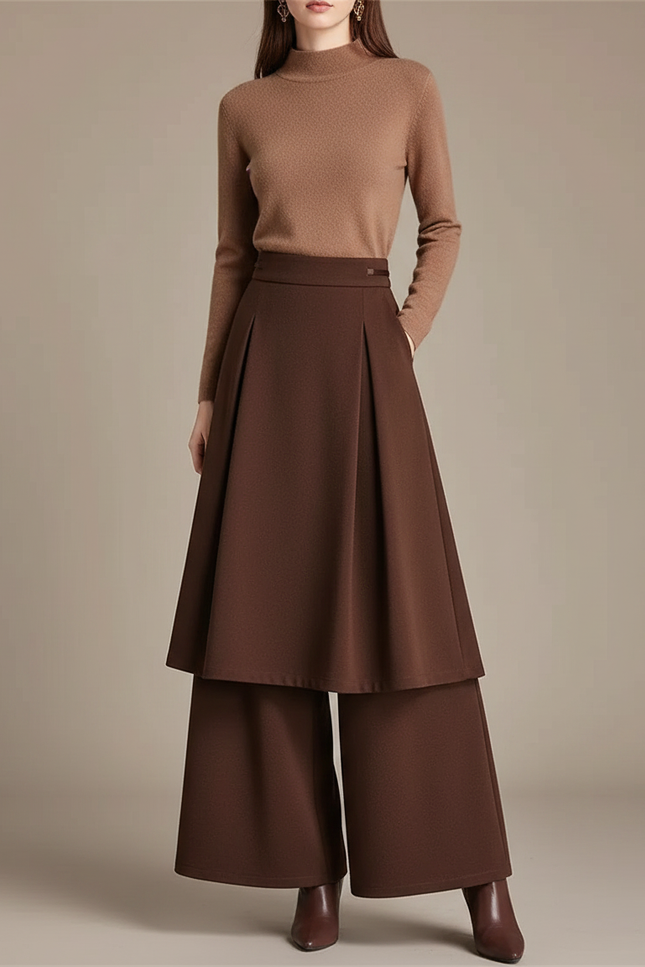 Pantalon Jupe Marron Plissé Ample Superposé Élégant - Gabardine