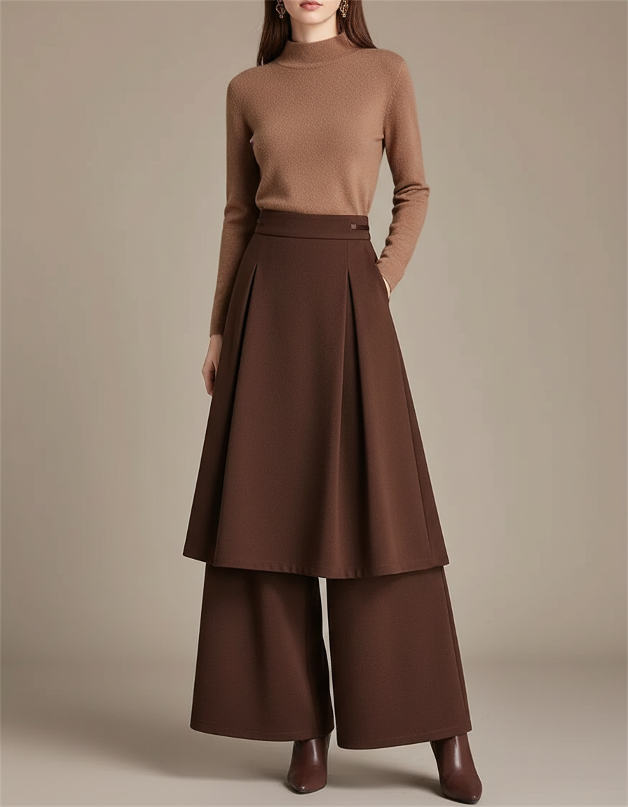 Pantalon Jupe Marron Plissé Ample Superposé Élégant - Gabardine