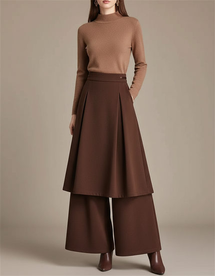 Pantalon Jupe Marron Plissé Ample Superposé Élégant - Gabardine