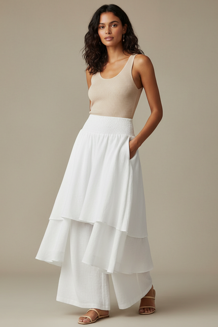 Pantalon Jupe Blanc Superposé Ample Fluide Décontracté - Lin