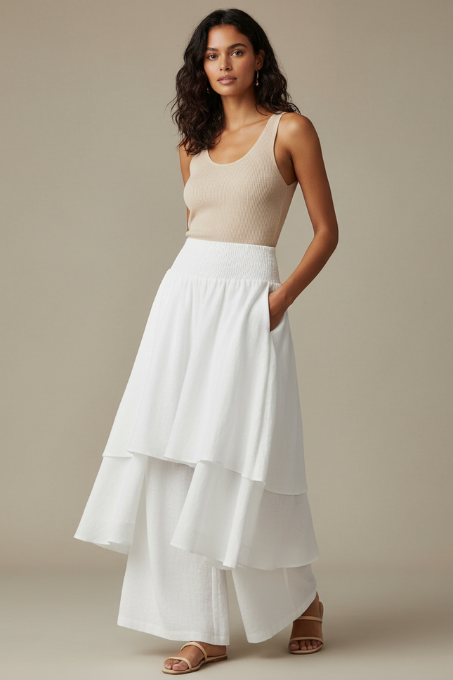 Pantalon Jupe Blanc Superposé Ample Fluide Décontracté - Lin