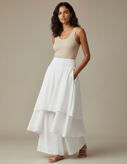 Pantalon Jupe Blanc Superposé Ample Fluide Décontracté - Lin