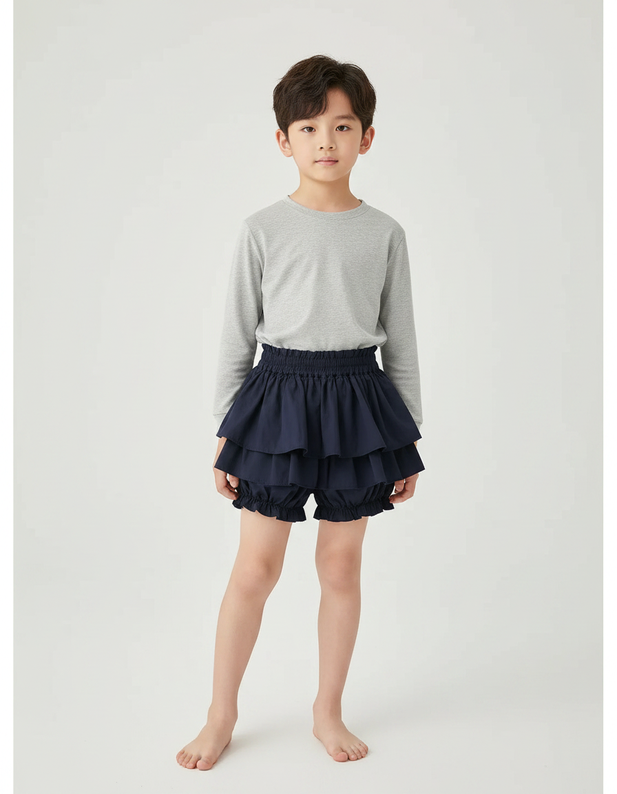 Pantalon Jupe Volants Superposés Bleu Marine Enfants - Coton