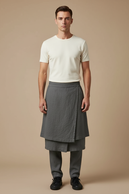 Pantalon Jupe Gris Lin Drapé Asymétrique Homme