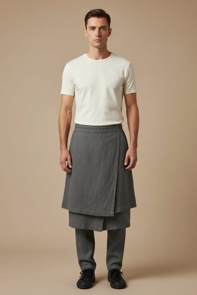 Pantalon Jupe Gris Lin Drapé Asymétrique Homme