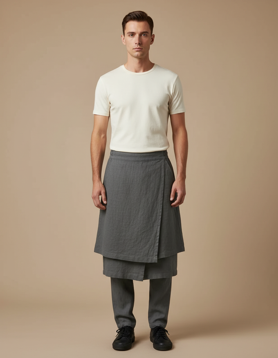 Pantalon Jupe Gris Lin Drapé Asymétrique Homme