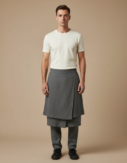 Pantalon Jupe Gris Lin Drapé Asymétrique Homme
