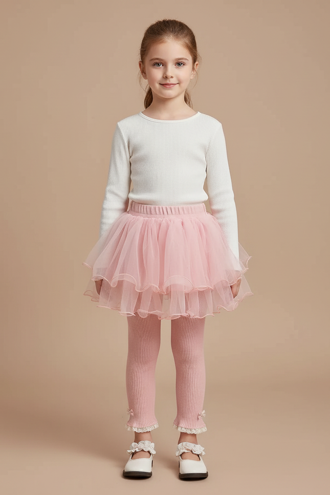 Pantalon Jupe Rose Tulle Volants Dentelle Fille - Maille