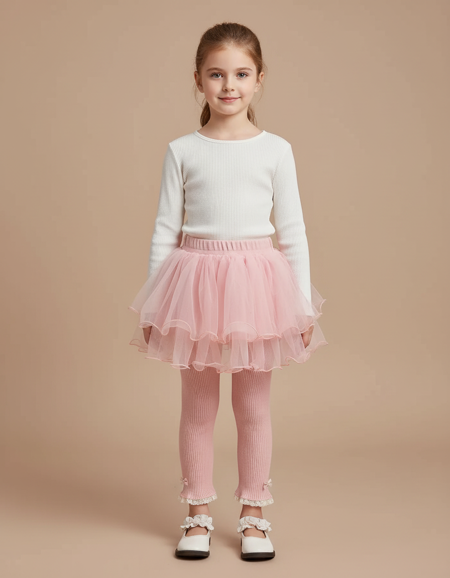 Pantalon Jupe Rose Tulle Volants Dentelle Fille - Maille