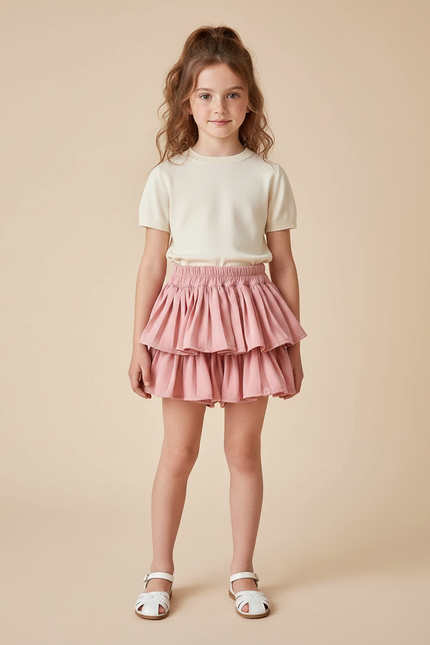 Pantalon Jupe Rose Volants Mignon Plissé Enfant - Coton