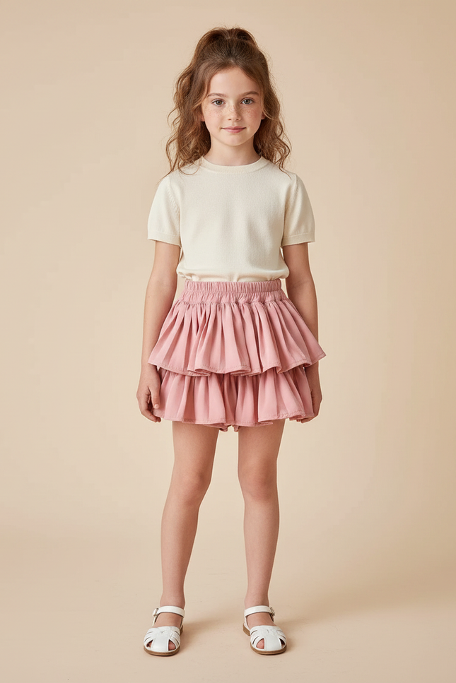 Pantalon Jupe Rose Volants Mignon Plissé Enfant - Coton