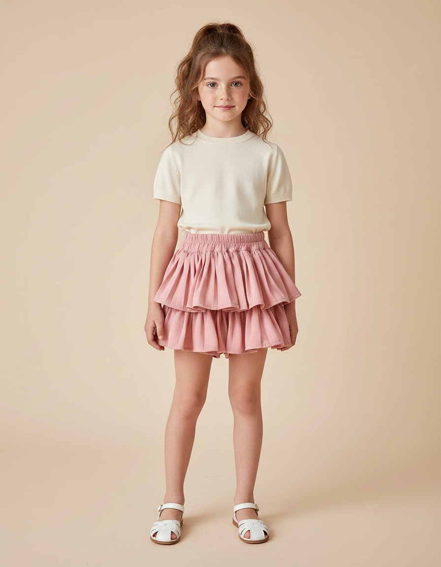 Pantalon Jupe Rose Volants Mignon Plissé Enfant - Coton
