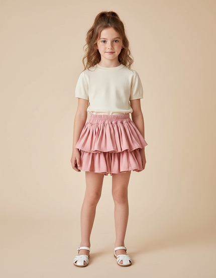 Pantalon Jupe Rose Volants Mignon Plissé Enfant - Coton