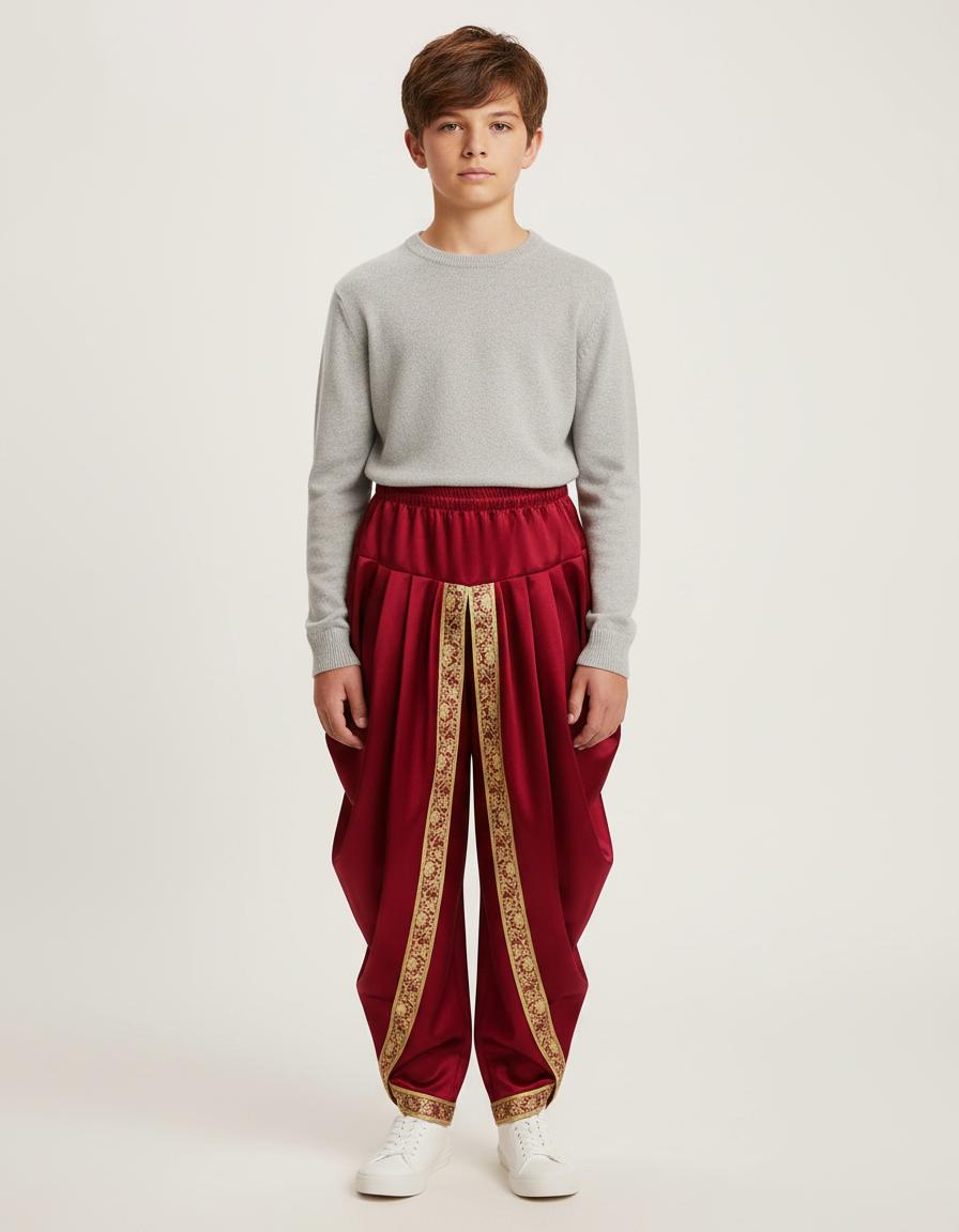 Pantalon Jupe Rouge Satiné Ample Doré Garçon - Bordeaux